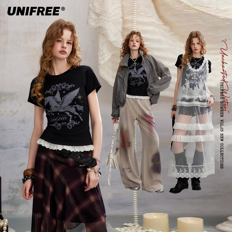 UNIFREE Pegasus Print Lace Panel T-shirt XL