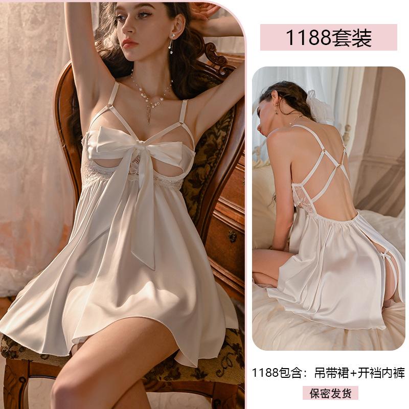 Sexy Satin Nightgown Steel Frame Gathering Lace Seductive and Romantic Underwear Pure Desire Lace-up Open-crotch Pajamas 1188