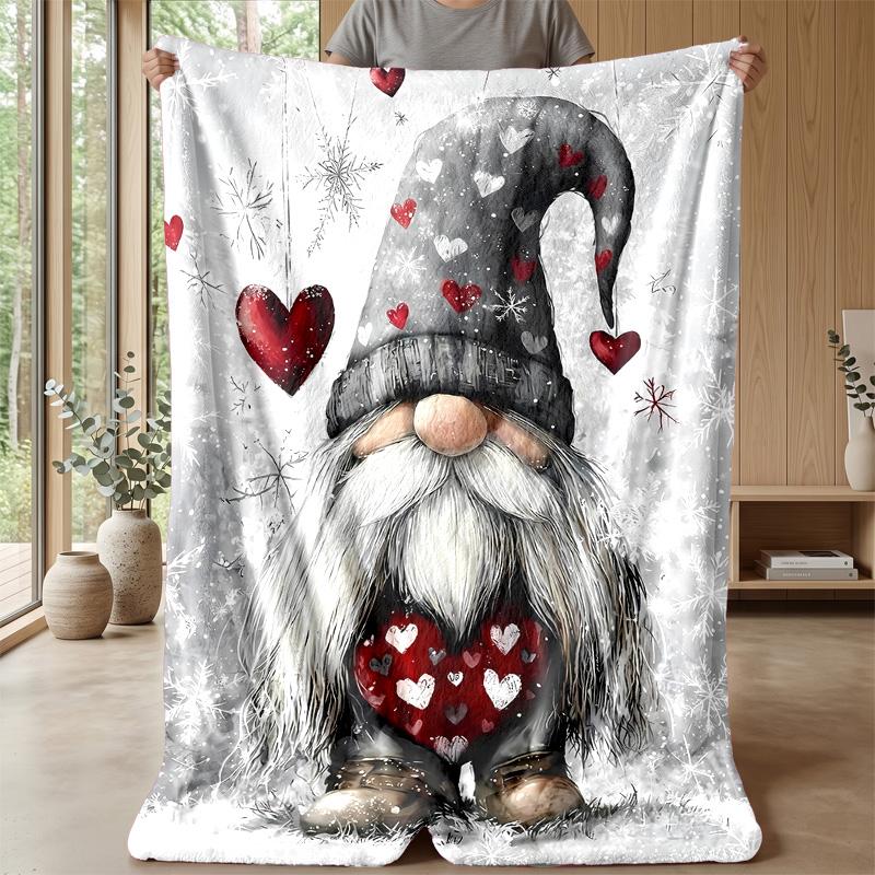 Snowy Gnome with Hearts Theme Blanket Lightweight Warm Flannel Blanket Decorative Throw Blanket for Home Decoration