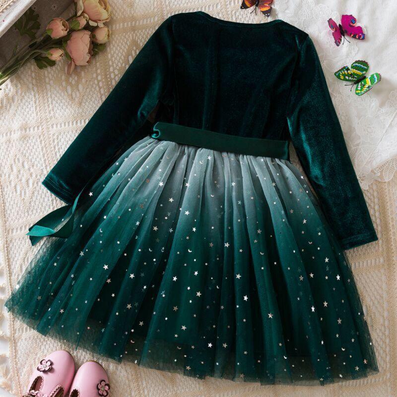 3-7 Years Kids Girls Starry Sky Style Mesh Skirt Dress Long Sleeve Bow Dress