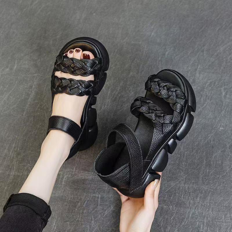 

Сандалии на липучках лето новые ретро мягкая кожа плетеные платформа-маффин пляжная обувь женская верхняя одежда 40 чёрный