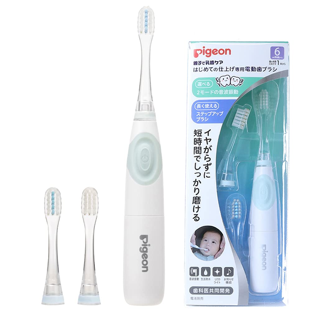 Pigeon First Finishing Electric Toothbrush, Green (for Babies from 6 Months Old), with 2 Types of Bristle Brushes.