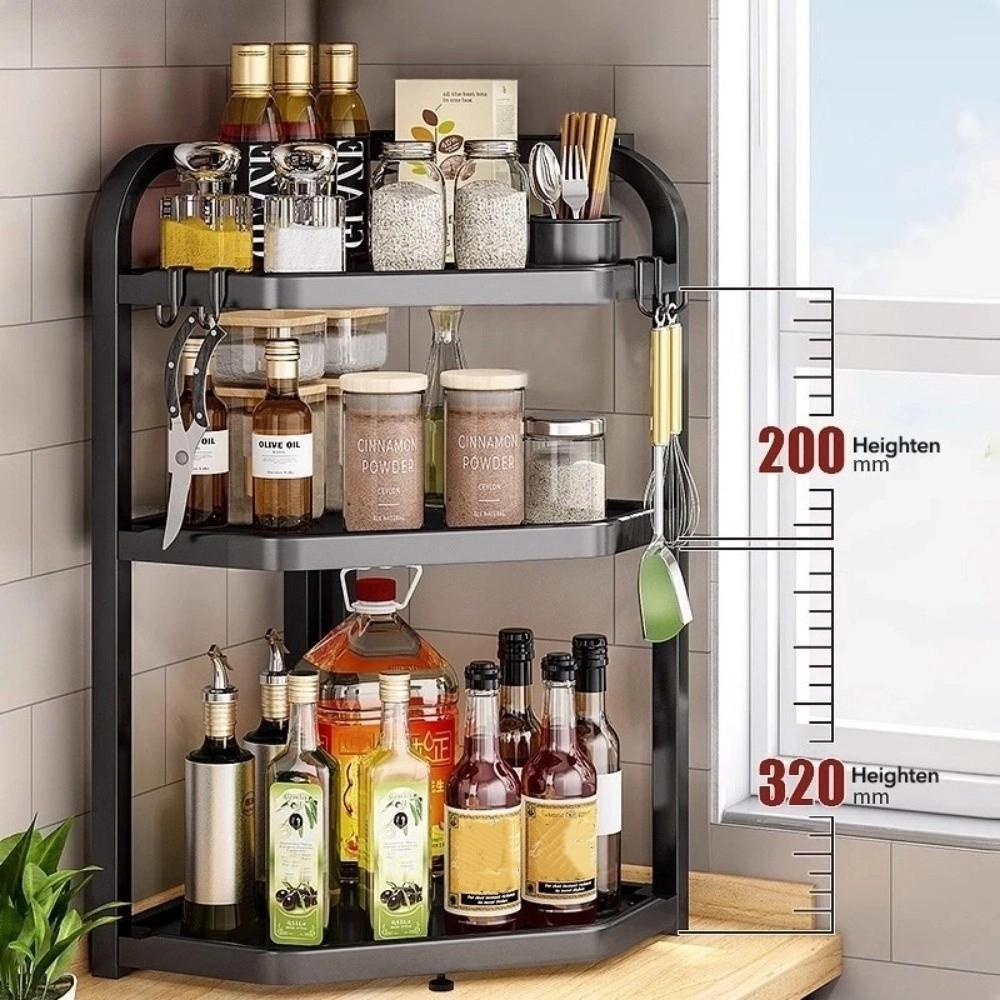 Household 2/3 Layer Condiments Rack Corner Stand with Hooks Seasoning Rack Carbon Steel Storage Rack Kitchen Organizer Supplies