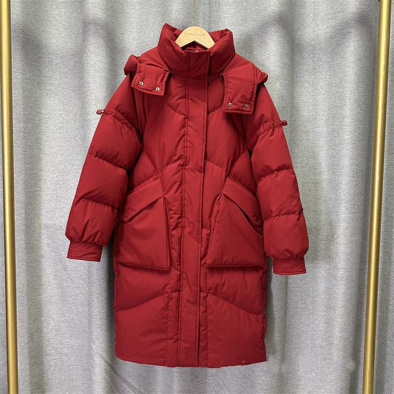 Damen Winter Herbst Kapuzenjacke Weiße Entendaunenjacke Mantel Locker Lang Einfarbig Große Tasche Abnehmbarer Hut Daunenmantel