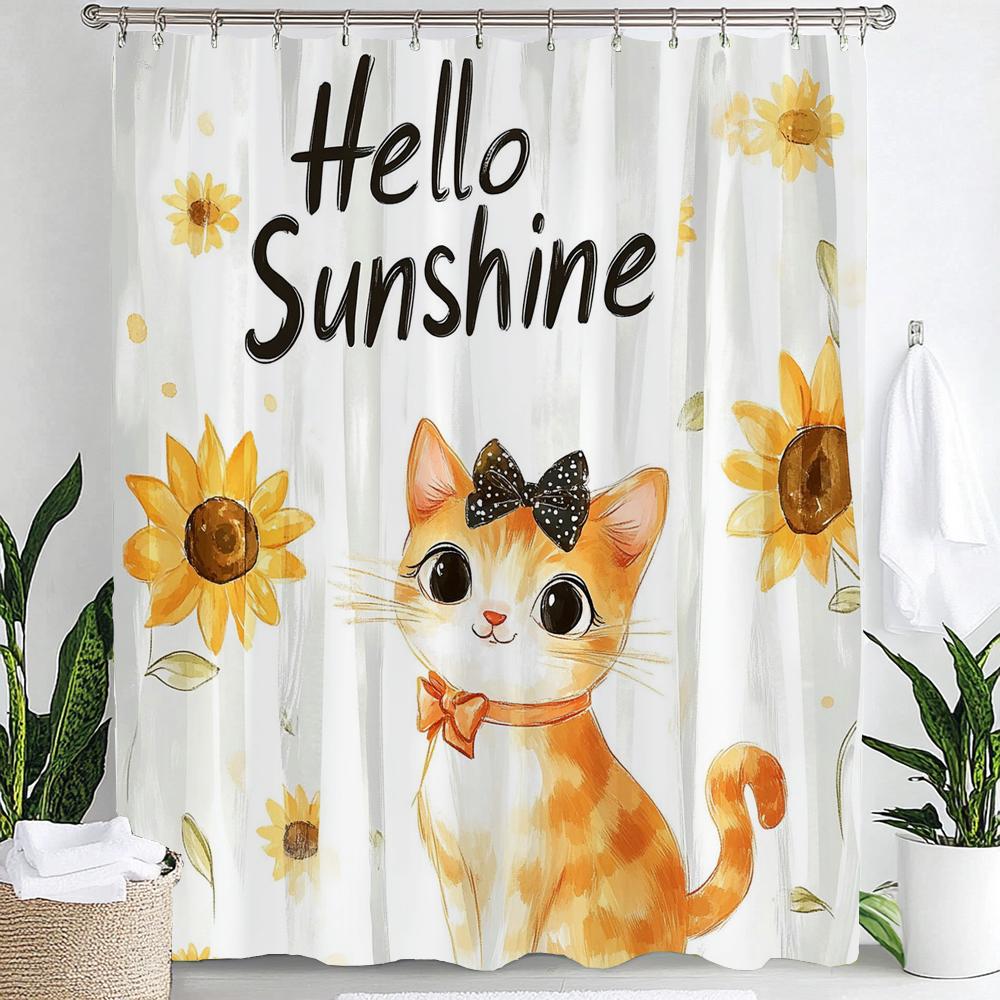 

Summer Sunflower Flowers And Lovely Cat Shower Curtain, Bathroom Decorative Curtain, Printed Polyester Home Curtain With Hooks W60H190(CM)-1 Pcs