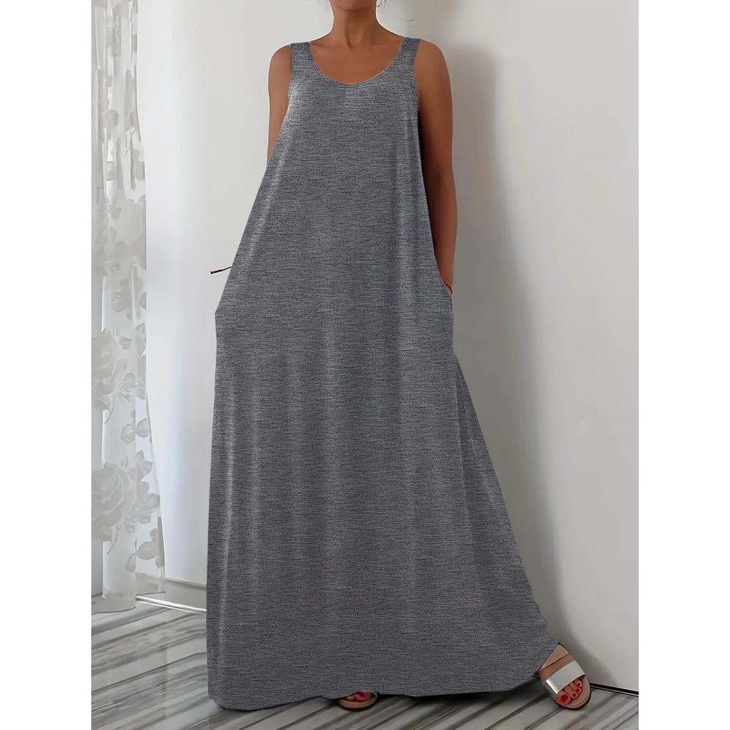 Abito Casual Estivo Monocolore Taglie Forti Senza Maniche con Tasche Laterali, Abito da Donna Crossbody Stile Europeo Americano
