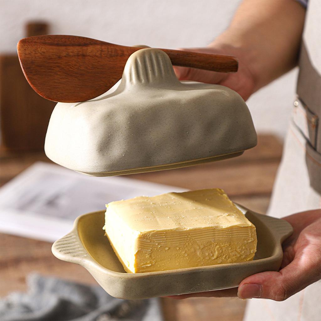 Rustic Stoneware Butter Dish With Lid, Handmade Rectangular Ceramic Butter Tray for European Butter Block and Breakfast Table