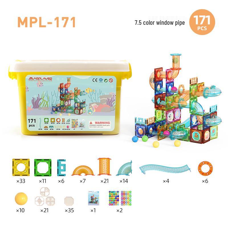 Cross-Border Magnetic Tiles: Colorful Large Window Building Blocks with Pipe Rolling Ball for Kids