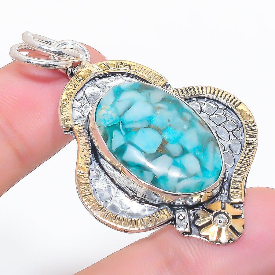 Natural Copper Larimar Gemstone 925 Sterling Silver Jewelry Pendant 2.17" W7a47