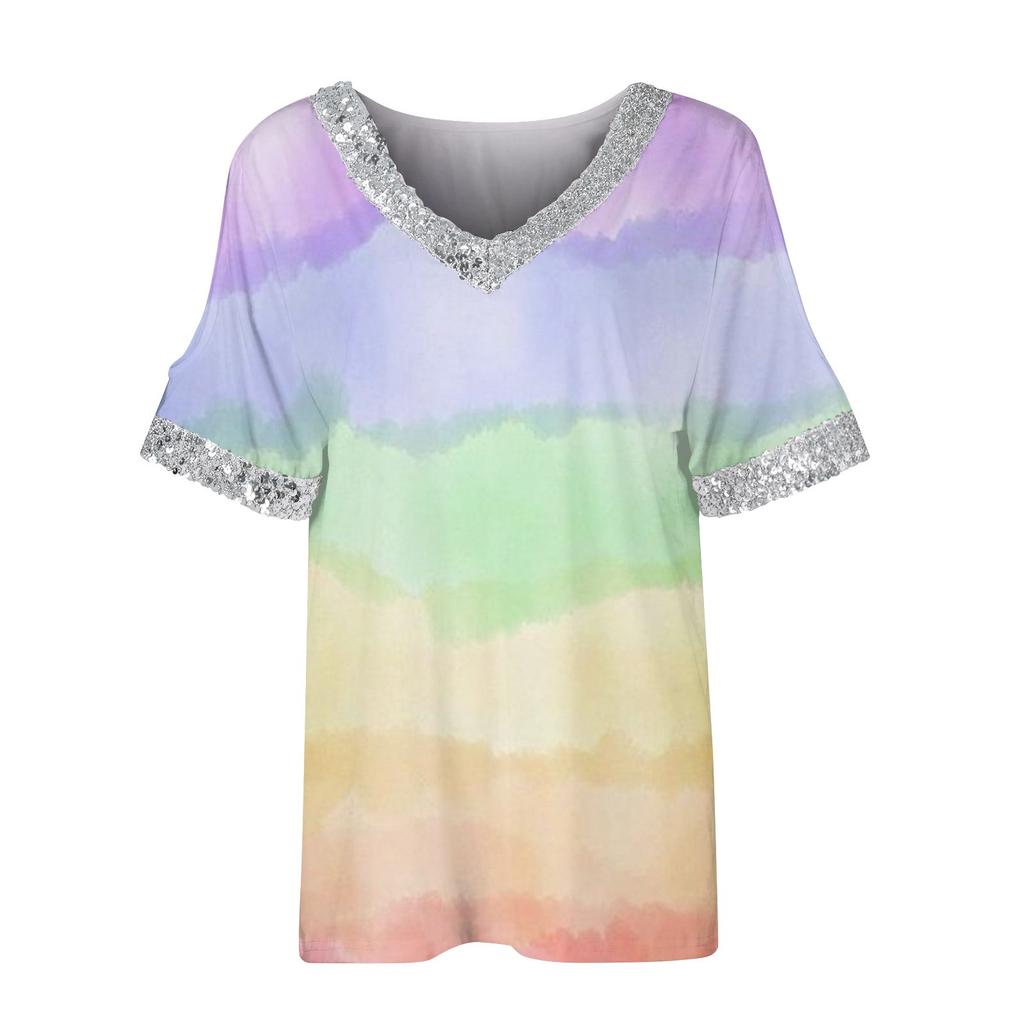 Damen-T-Shirt, bedruckt, V-Ausschnitt, Pailletten, kurzärmelig, Sommer, lässig, lockeres Oberteil