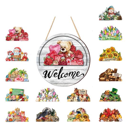 Decorative Wooden Door Sign Interchangeable Seasonal Welcome for Front Door, 12 Inch Round Wood Hanging Housewarming Gift For New Home with