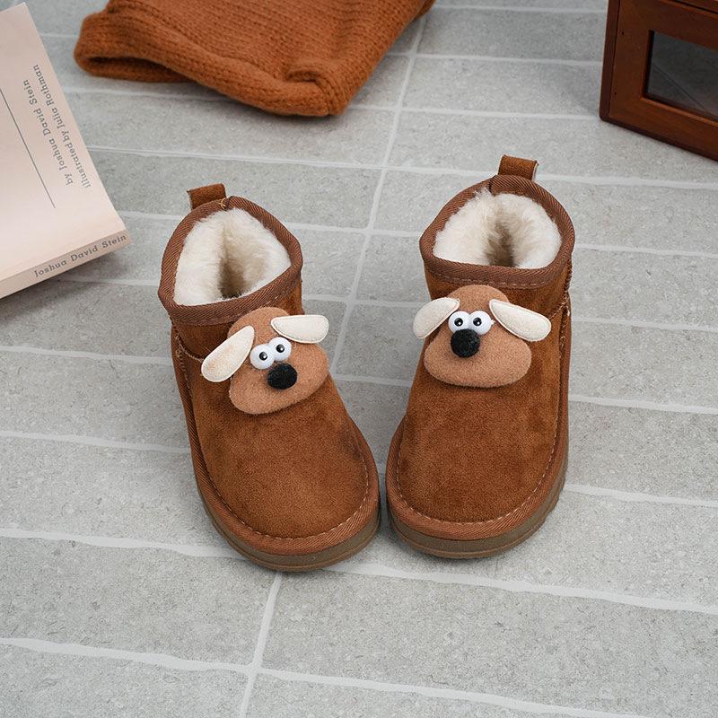 Children's Non-Slip Leather Snow Boots with Plush Lining and Cartoon Doll Decor