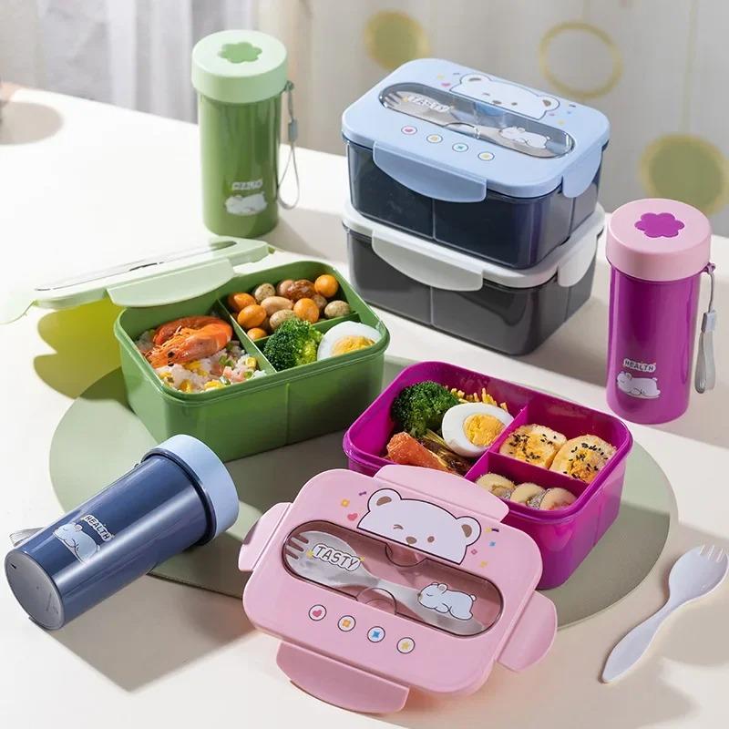 Hot Sale Cartoon Lunch Box Mug Set Portable Plastic Bento Box with Fork Kid's Lunch Box Food Storage Container Food Holder