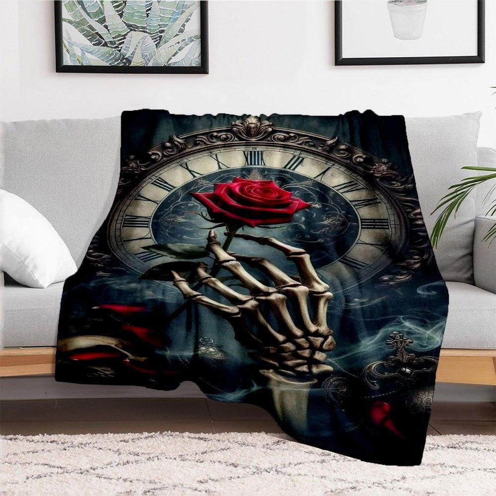 "Timeless Beauty: Gothic Skeleton Hand Holding Red Rose Wall Art Print"Blanket Flannel Throw Blanket for Sofa, Bed, Travel, Camping, Office