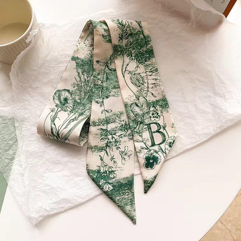 Small White And Tender Green Silk Scarf For Women, Thin Streamer, Headband, Hair Tie, Bag Decoration Long