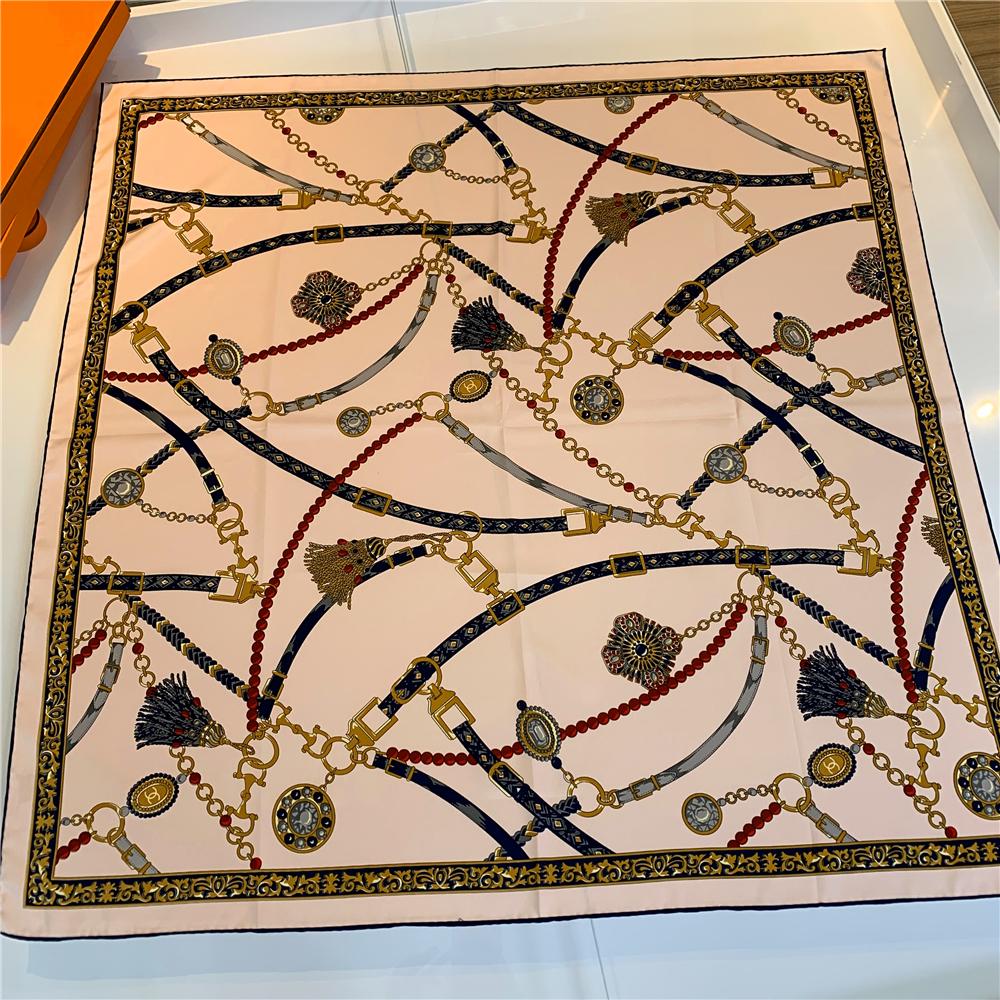 90Cm Square Scarf Women Luxury Belt Chain Design Foulards Twill Silk Scarves Wraps Hand Rolled Bandana Curled Head Scarves Hijab