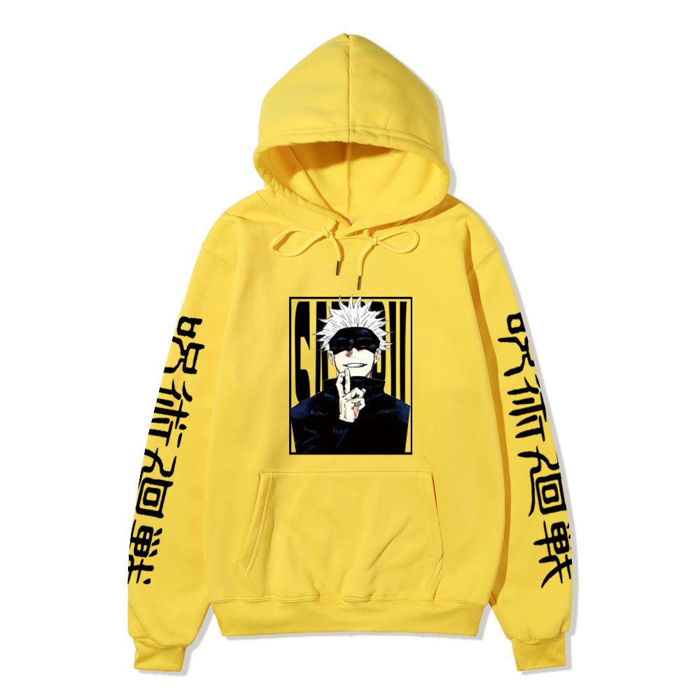 Jujutsu Kaisen Satoru Gojo Unisex Fleece Hoodie Autumn Winter Anime Character Japanese Kanji Sleeve Print Long Sleeve Pullover Sweatshirt