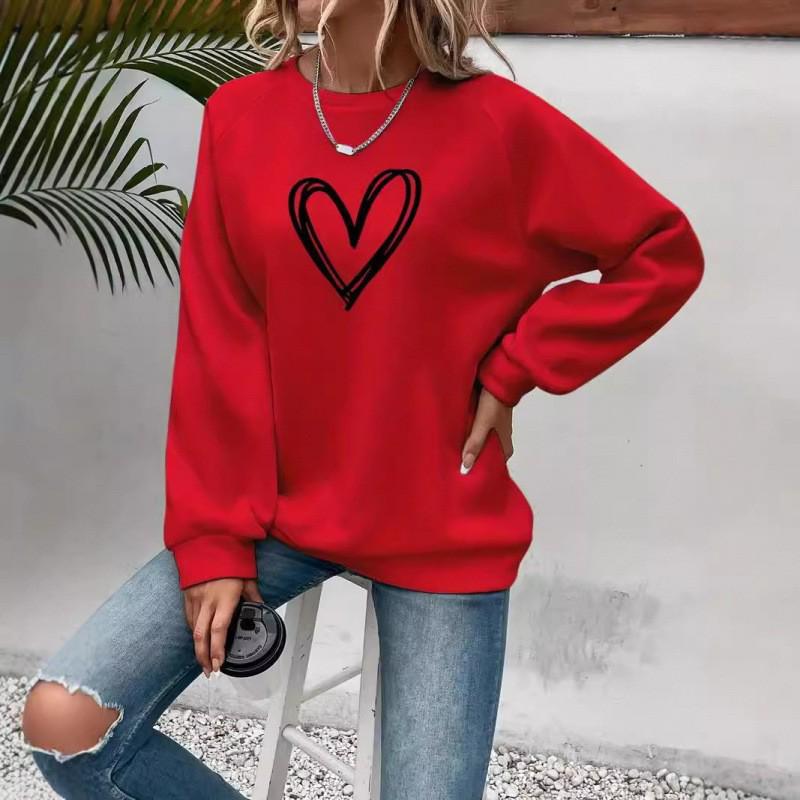 2026 European & American Heart Print Round Neck Long Sleeve Velvet Hoodie - Women's Fashion Collection