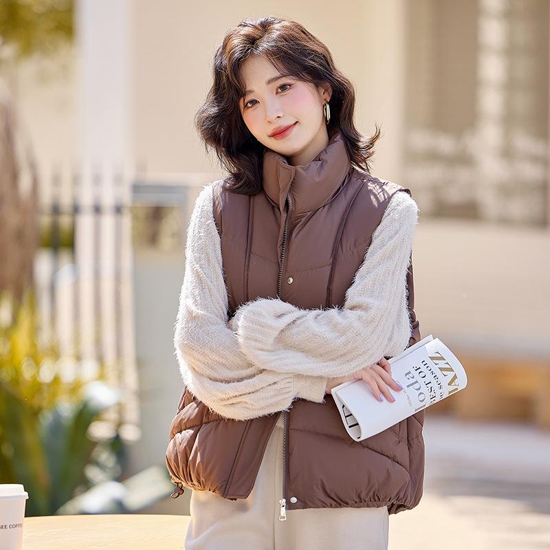 New women's lightweight sleeveless stand-up collar high-quality jacket solid color thickened warm sports and leisure loose cotton jacket