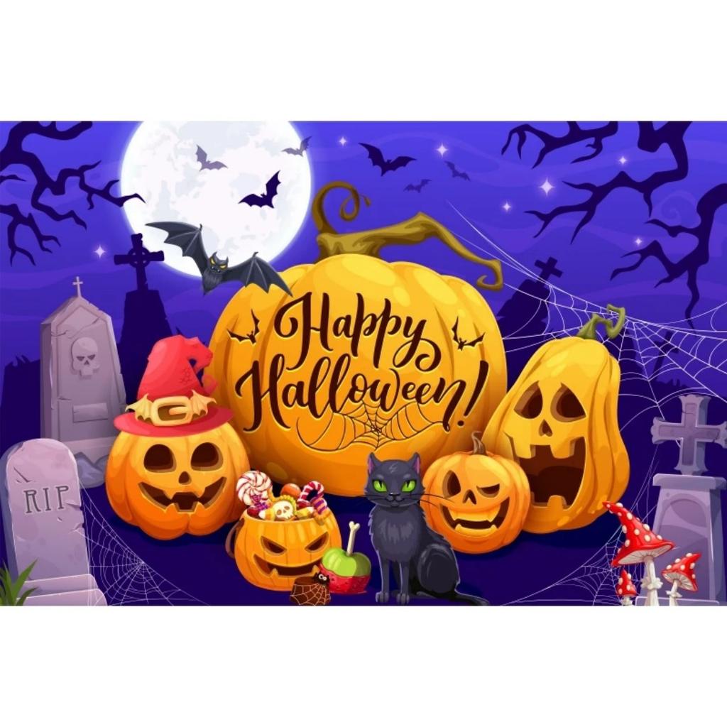 1pc Purple Happy Halloween Party Backdrop with Moon Castle Pumpkin Witch Banner for Halloween Themed Party Background Decoration