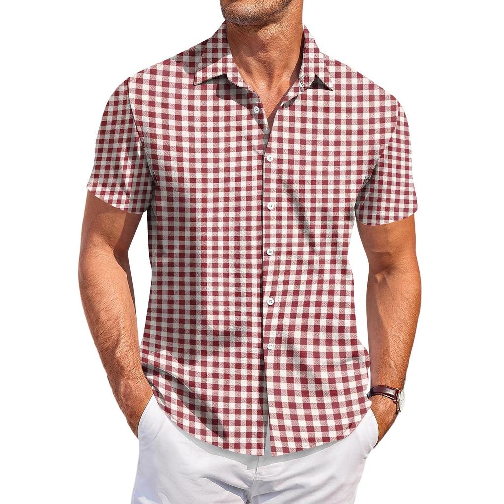 Men's Casual Short Sleeve Button Down Shirt Checkered Pattern Lightweight Breathable Fabric Relaxed Fit Summer Top