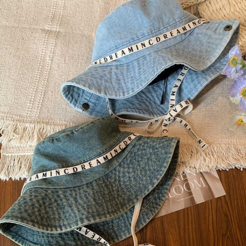 Autumn hat women's retro cowboy hat letter strap mountaineering hat outdoor hiking big head circumference bucket hat