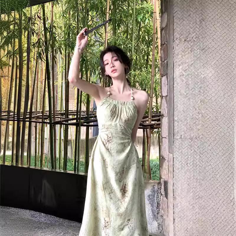 2024 Summer Halterneck Camisole Dress: Women's Elegant Cut-Out Waist Long Dress