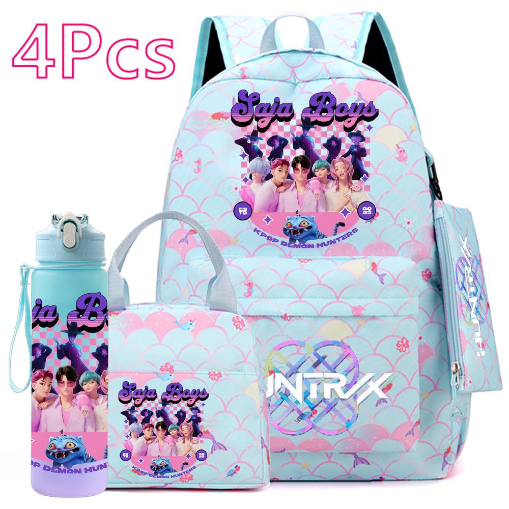 4Pcs/set Anime Cute Printed Backpack Large Capacity Bookbag HandBag Case Bag with 750ml Water Bottler Boy Girl SchoolBag Waterproof Mochila
