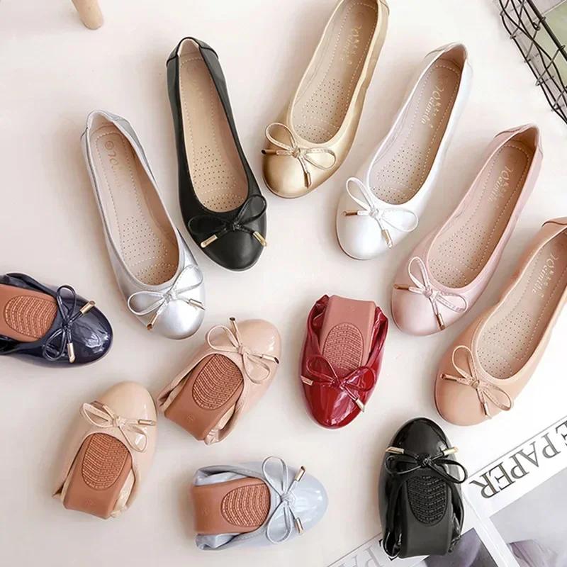 Ladies Single Shoes Bowtie Flats Patent Leather Loafers Women Round Toe Roll-Up Shoes Woman Bridesmaid Flats Zapatillas Mujer