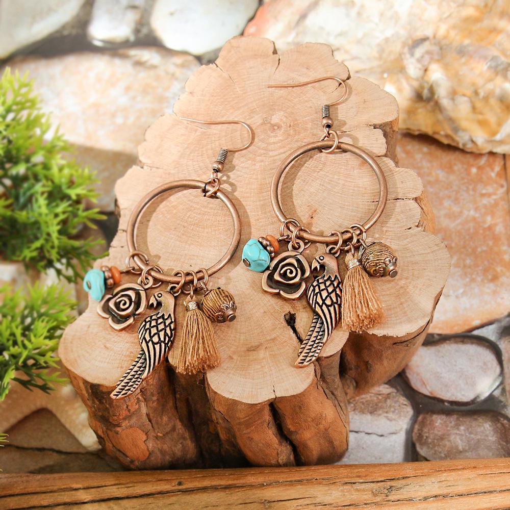 Vintage Bohemian Bird Dreamcatcher Earrings Necklace for Women Ethnic Creative Flower Wood Beads Tassel Brown Boho Jewelry