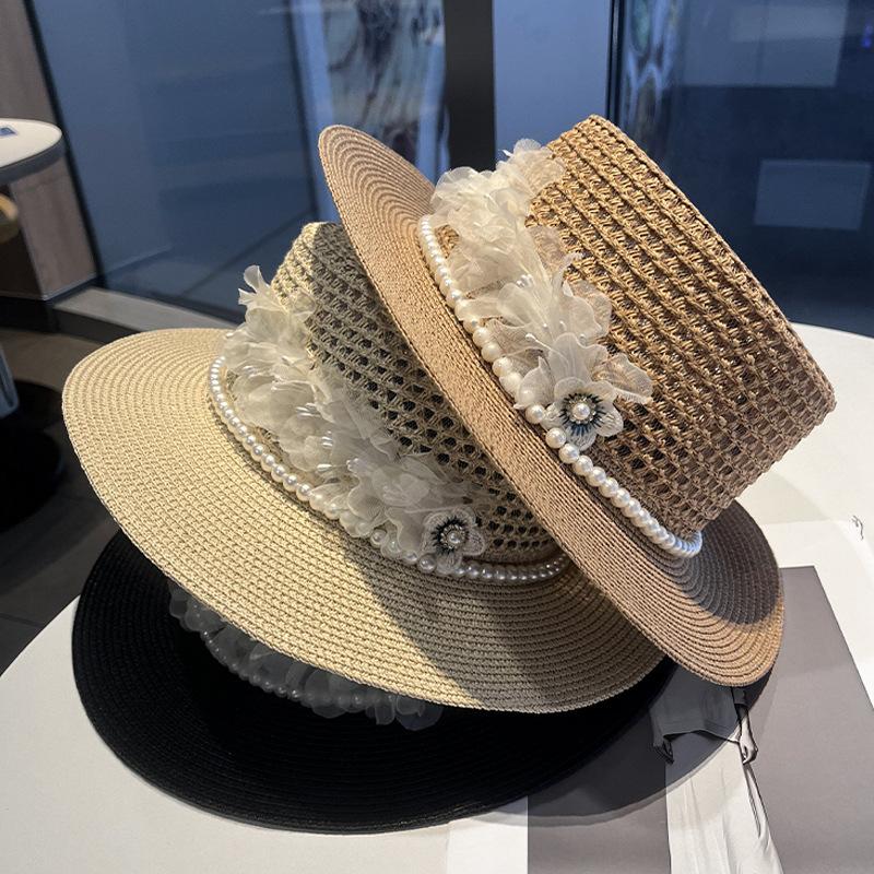 Flat top straw hat female pearl summer travel sun hat vacation beach hat versatile face hat