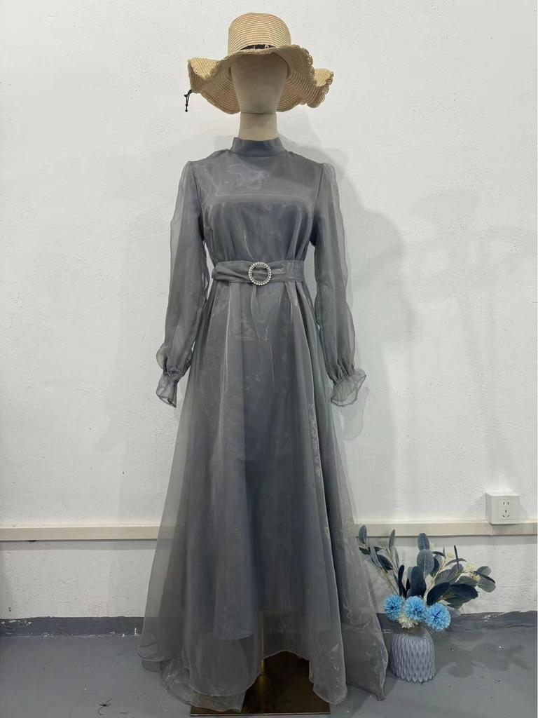 2024 Elegantes Damenkleid mit hohem Halsausschnitt, Netzstoff, schlankmachend, Laternenärmel