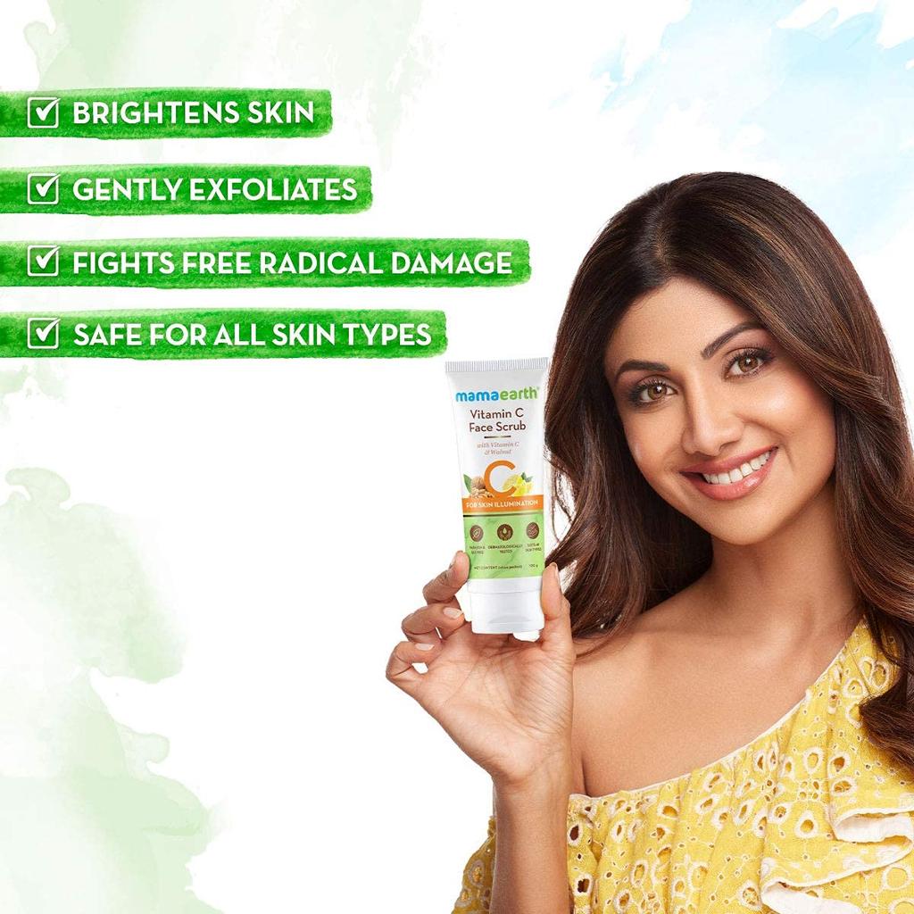 Mamaearth Vitamin C Face Scrub For Glowing Skin 100g With Walnut Shell Powder Gentle Exfoliation For Dull Uneven Skin Tone Brightening