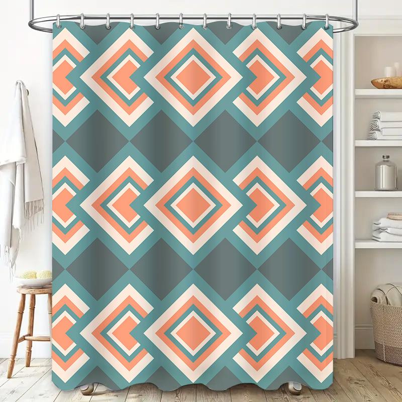 Green and Peach Diamond Pattern Shower Curtain Waterproof Fabric for Bathroom Decor – Modern Geometric Design with 12 Hooks Set