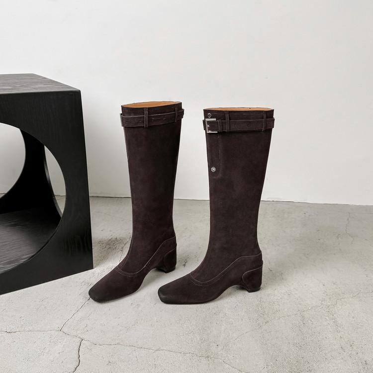 

5Cm large tube circumference boots women 2025 new suede spice girls but knee long boots square head thick heel thin pile boots 39