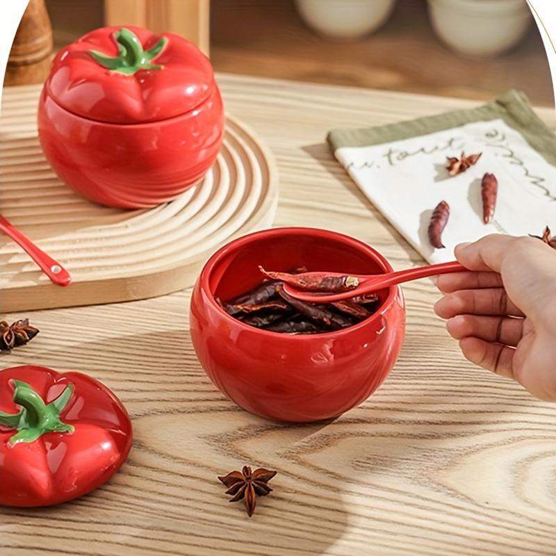 Sugar Bowl Tomato Ceramic Spice Jar Storage Jar with Spoon Kitchen Dining Table Seasoning Container Christmas Home Decorative