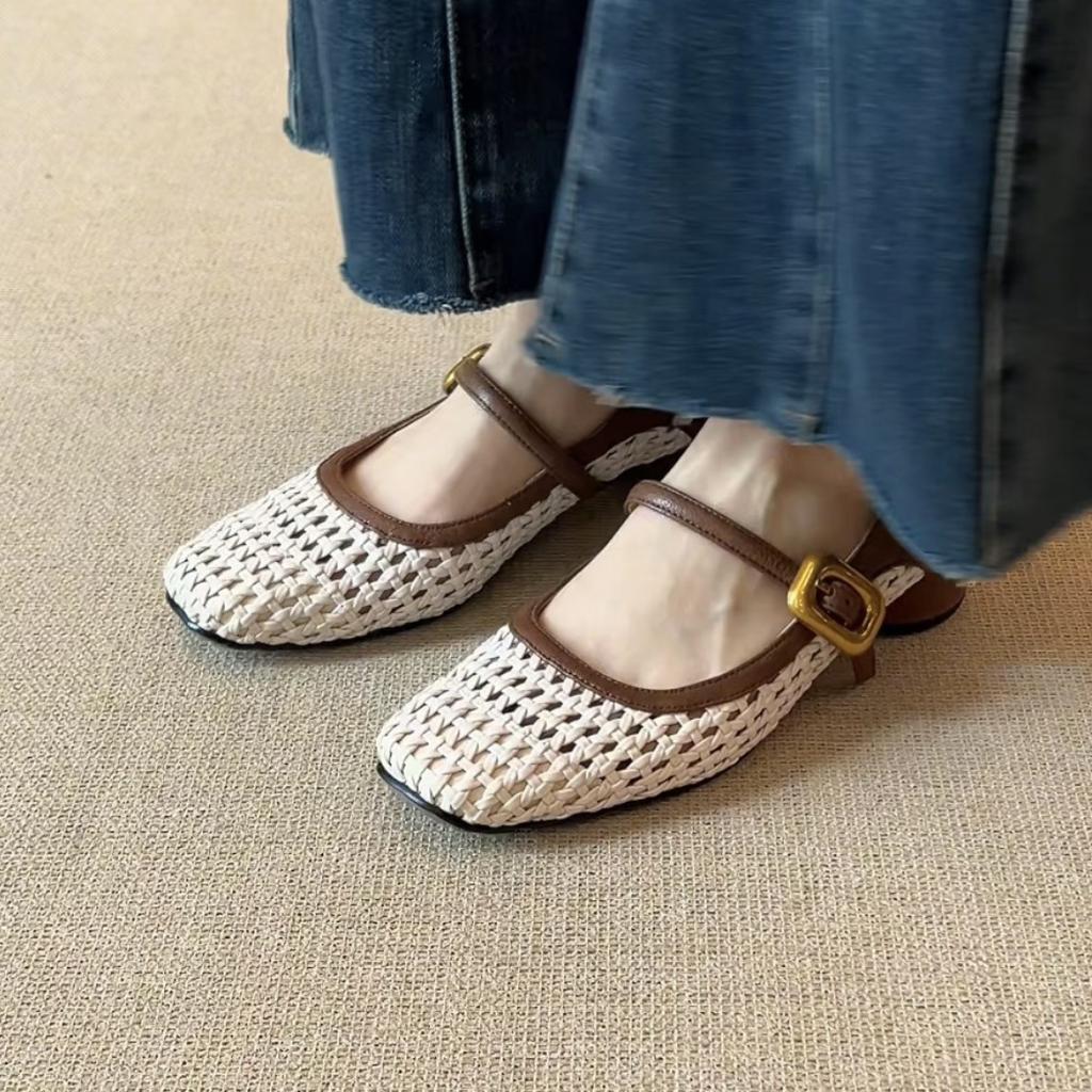 Woven hollow thick heel shoes women's shoes versatile retro square head Mary Jane shoes women's summer high heels are not tired