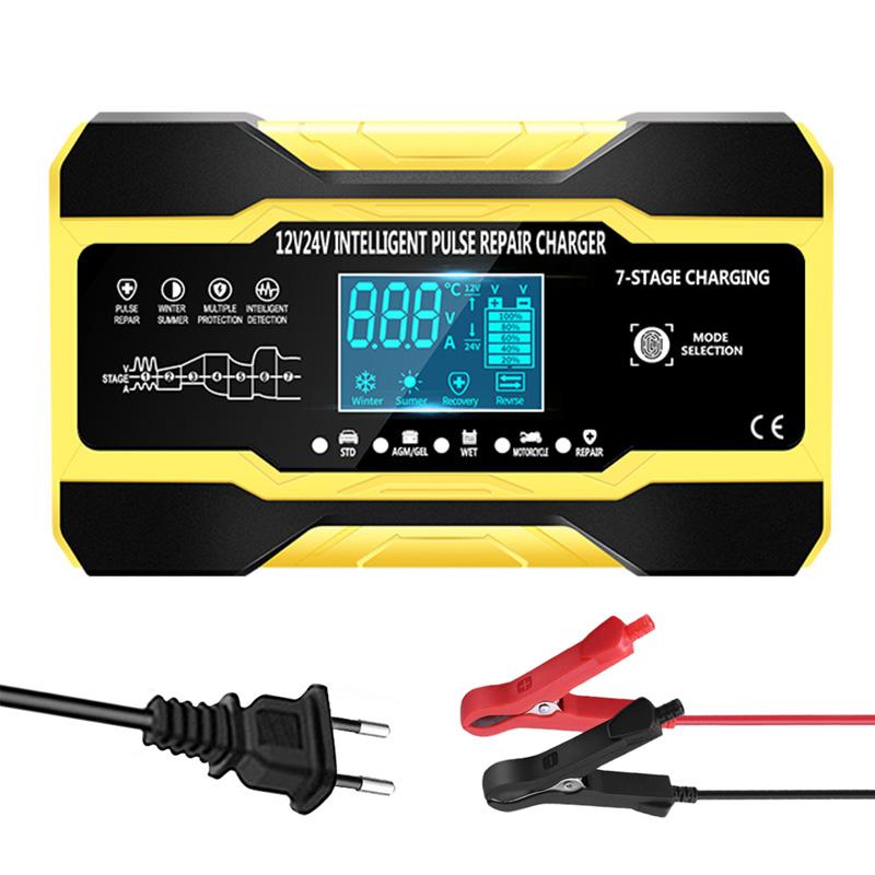 Car Battery Charger Full Auto Motorcycle 12V 24V Pulse Repair LCD Display Smart Fast Charge AGM Deep Cycle GEL Lead-Acid Charger