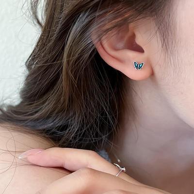 Women's Silver Blue Butterfly Piercing Earrings