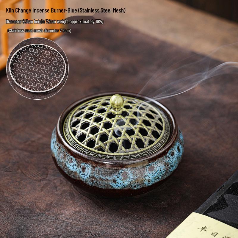 Ceramic Sandalwood Incense Holder with Net Lid and Crackle Glaze, for Coil and Stick Incense, Three-Legged Buddhist Home Use.