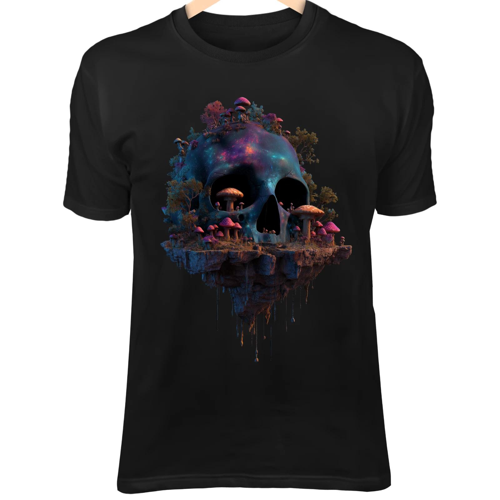 Surreal Skull Mushrooms T-Shirt – Floating Island, Cosmic Nebula Art Tee 2XL