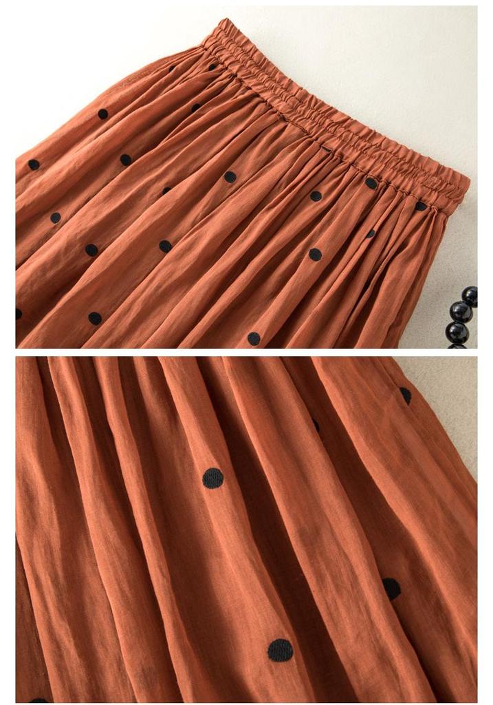 2025 Spring/Summer Women's Cotton Linen Polka Dot Pleated Midi Skirt with Elastic Waist
