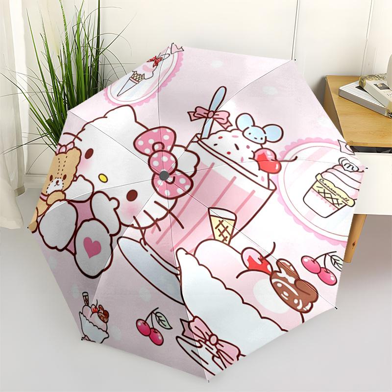 

1pc Hello Kitty Ice Cream Sundae Theme Automatic Folding Umbrella - Portable Three-Fold Design with Iron Frame, Perfect for Outdoor Use, Festive Gifts