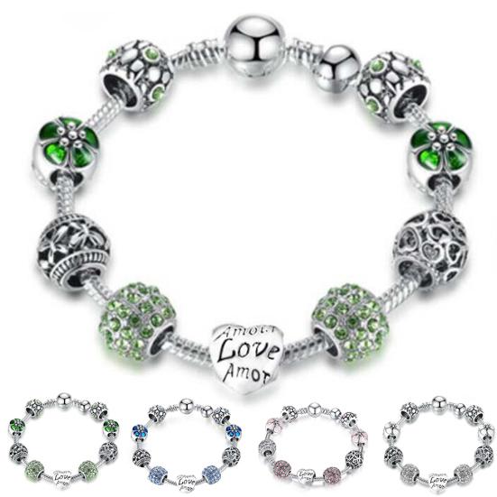 Love Flower Rhinestone Beads Charm Cuff Bangle Bracelet Women Wedding Jewelry