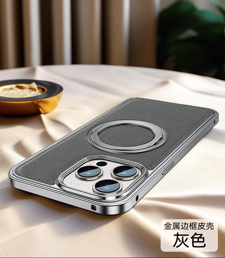 

Spring Buckle Magnetic Suction Leather Phone Case for IPhone 16 Pro 15 14 Pro Max Rotating Bracket Solid Color Protective Cover For iPhone 14 сірий колір