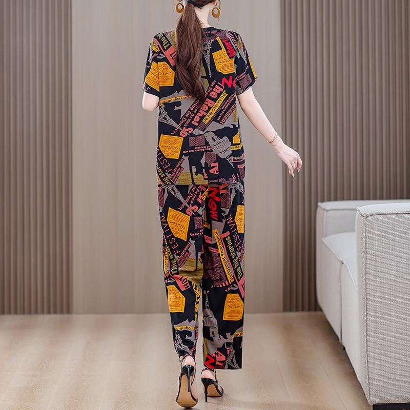 Summer Sets for Women 2 Pieces Plus Size Loose Elegant High Waist Pants Sets Vintage Middle Aged Women's Clothing