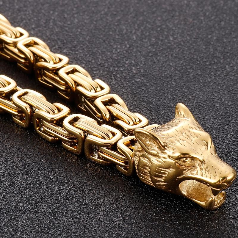 Gothic Punk Wolf Head Man Bracelet For Men Vintage Stainless Steel 14MM Double Chain Men's Wrist Bracelets Male Jewellery Accessories