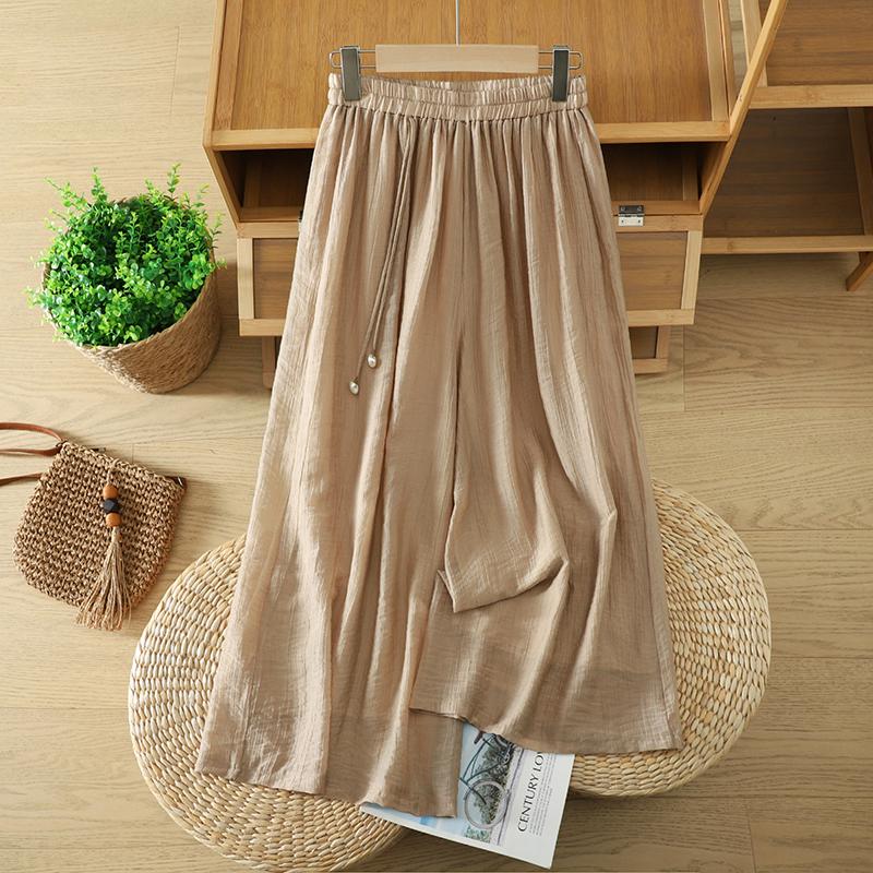 DIMANAF Plus Size 2026 Women Linen Pants Elastic Waist Vintage Basic Lady Solid Lace Wide Leg Long Pants Oversize Loose Tencel