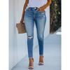 Women's Elastic High Waist Denim Slim Pants Breathable Vintage Print Casual Style for All Seasons with Hole Decoration