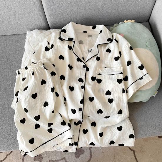 2-teiliges Damen-Pyjama-Set Herzstreifen Kurzarm Knopfleiste Elastischer Bund Lockere kurze Hose Sommer Nachtwäsche Loungewear